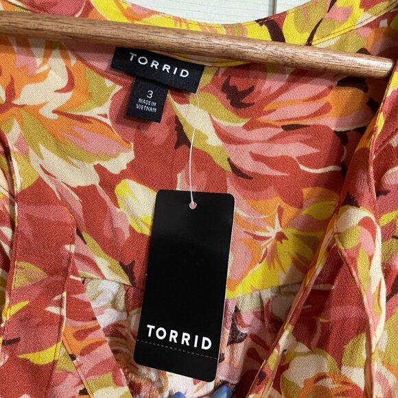 Torrid Womens NWT Tie Neck Crepe Vneck Floral Burnt Orange Peasant Blouse Top 3X - Picture 4 of 9